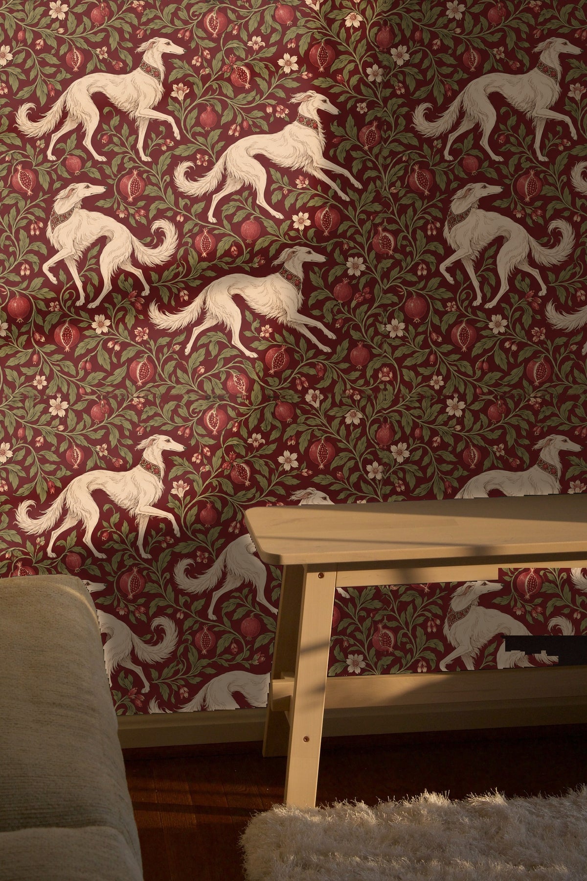 Elegant bathroom wall covering featuring repeating dogs and fruit inspired by classical engraving