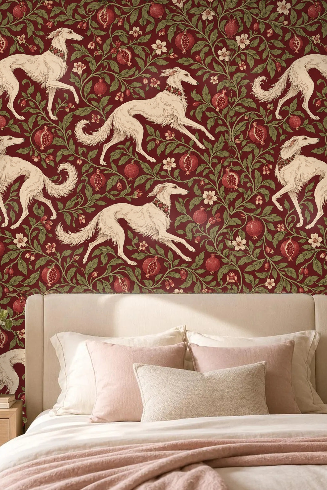 Muted green leaves contrasting with vibrant reds and cream canine figures