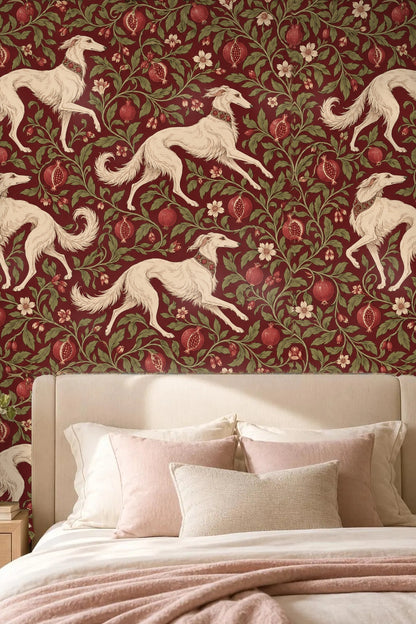 Muted green leaves contrasting with vibrant reds and cream canine figures