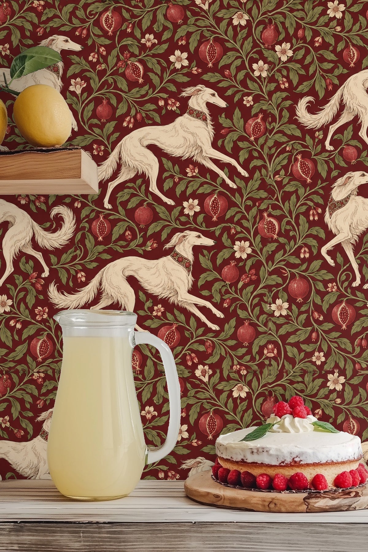 Vintage style hound with patterned collar integrated into leafy pomegranate design