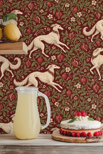 Vintage style hound with patterned collar integrated into leafy pomegranate design