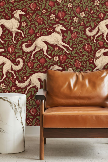 Wall detail showing seamless repeat of Saluki and pomegranate pattern