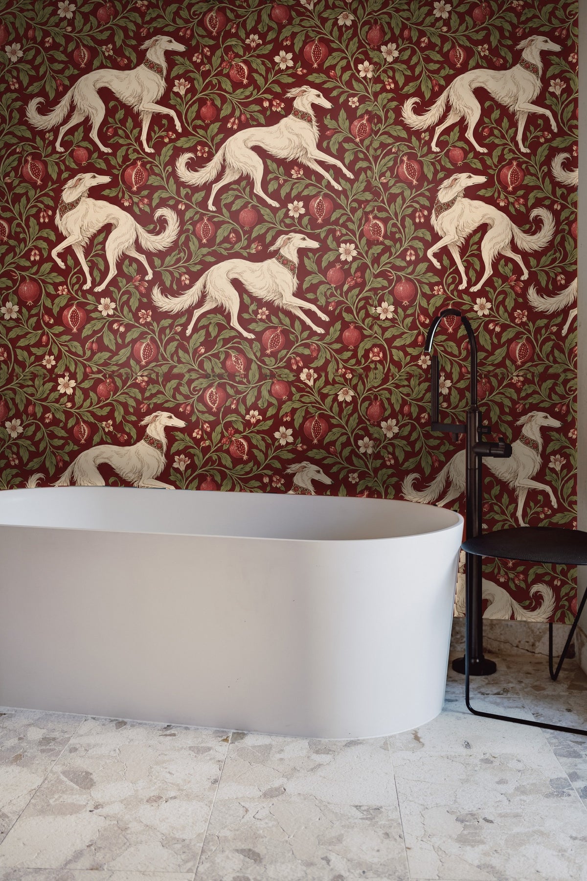 Leafy vines curling elegantly throughout wallpaper behind dog motifs