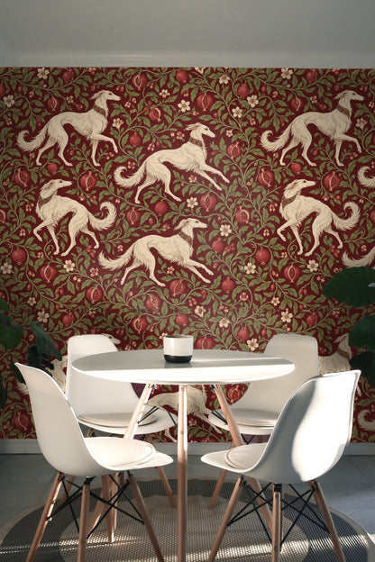 Leaping Saluki dog silhouette highlighted against burgundy background