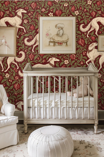 Detailed view of a whippet dog motif in vintage engraved style on a red floral wallpaper
