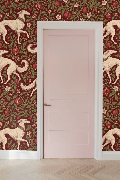 Wallpaper ambience with warm leather chair highlighted against bold botanical dog pattern