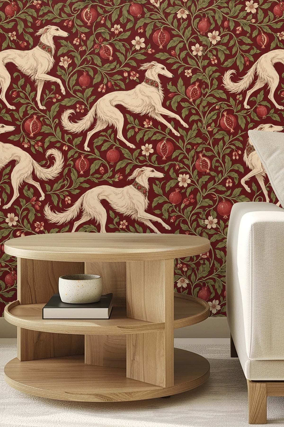 Artistic pattern of stylized dog and fruit foliage in cream, red, and sage green tones