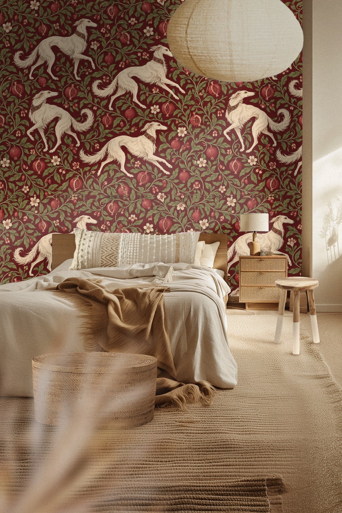 Vintage engraving style floral and canine pattern wallpaper zoomed on decorative collars