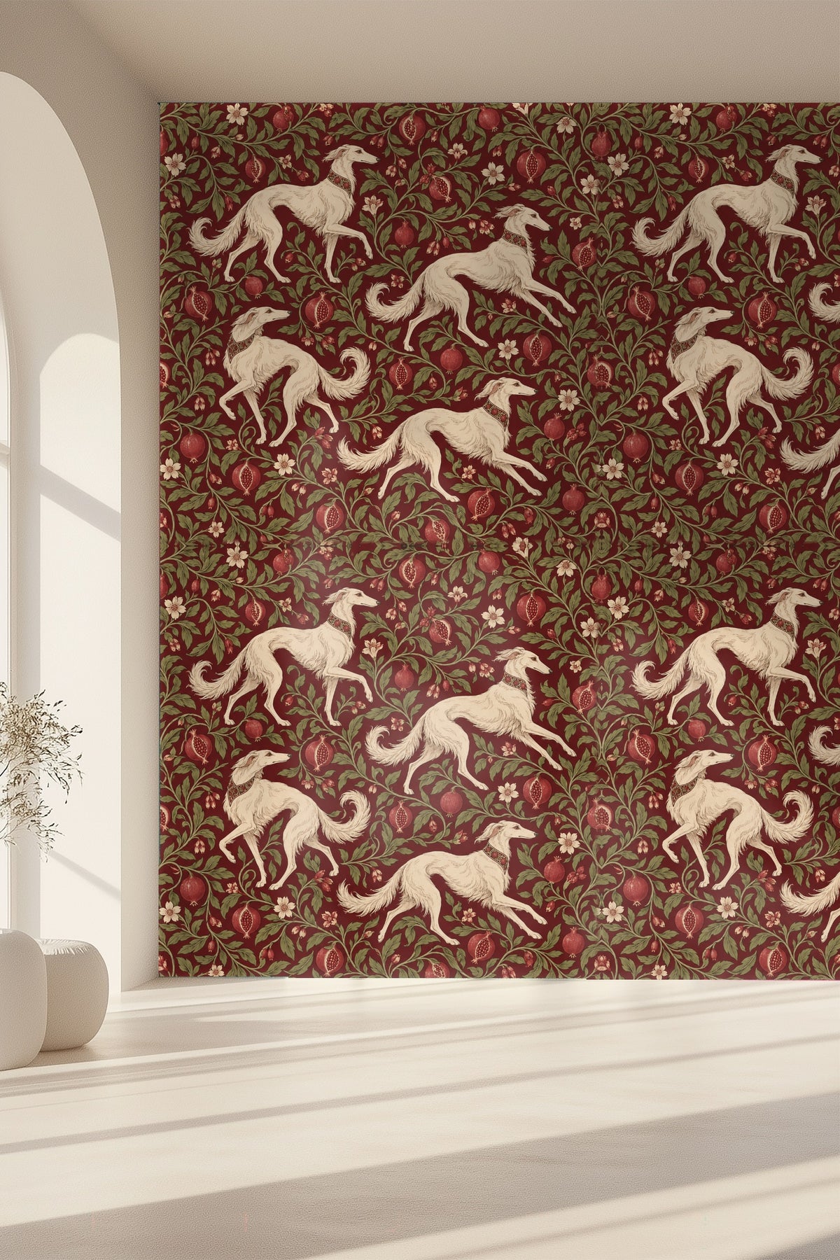 Section of wallpaper showing pomegranate halves revealing seeded interiors