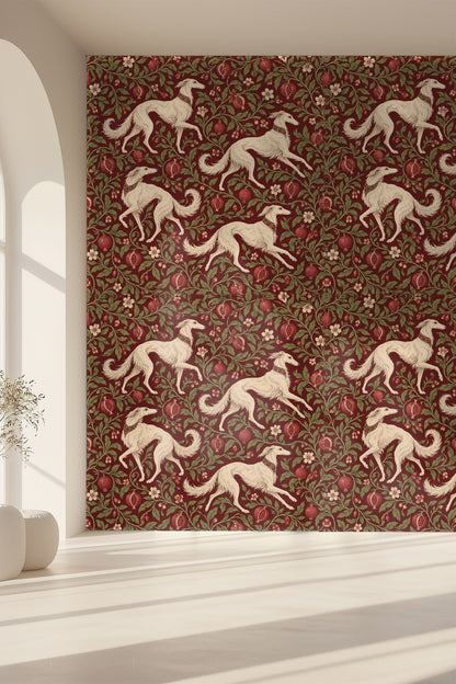 Section of wallpaper showing pomegranate halves revealing seeded interiors