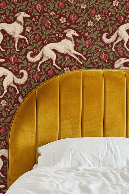 Full wall installation in a living room illustrating scale of whippets and floral motifs