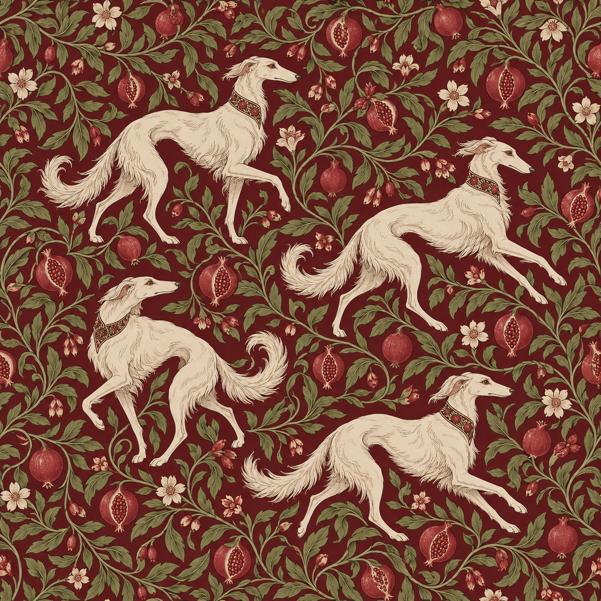 Pomagranates and flowers interweaving in antique style wallpaper design