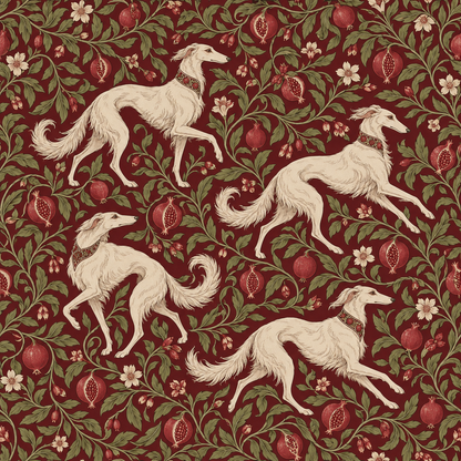 Pomagranates and flowers interweaving in antique style wallpaper design