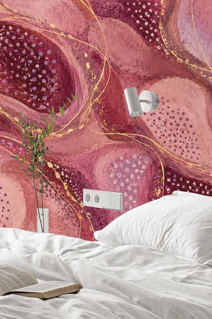 Abstract pattern thumbnails showing fluid forms and gold detailing in a pink palette