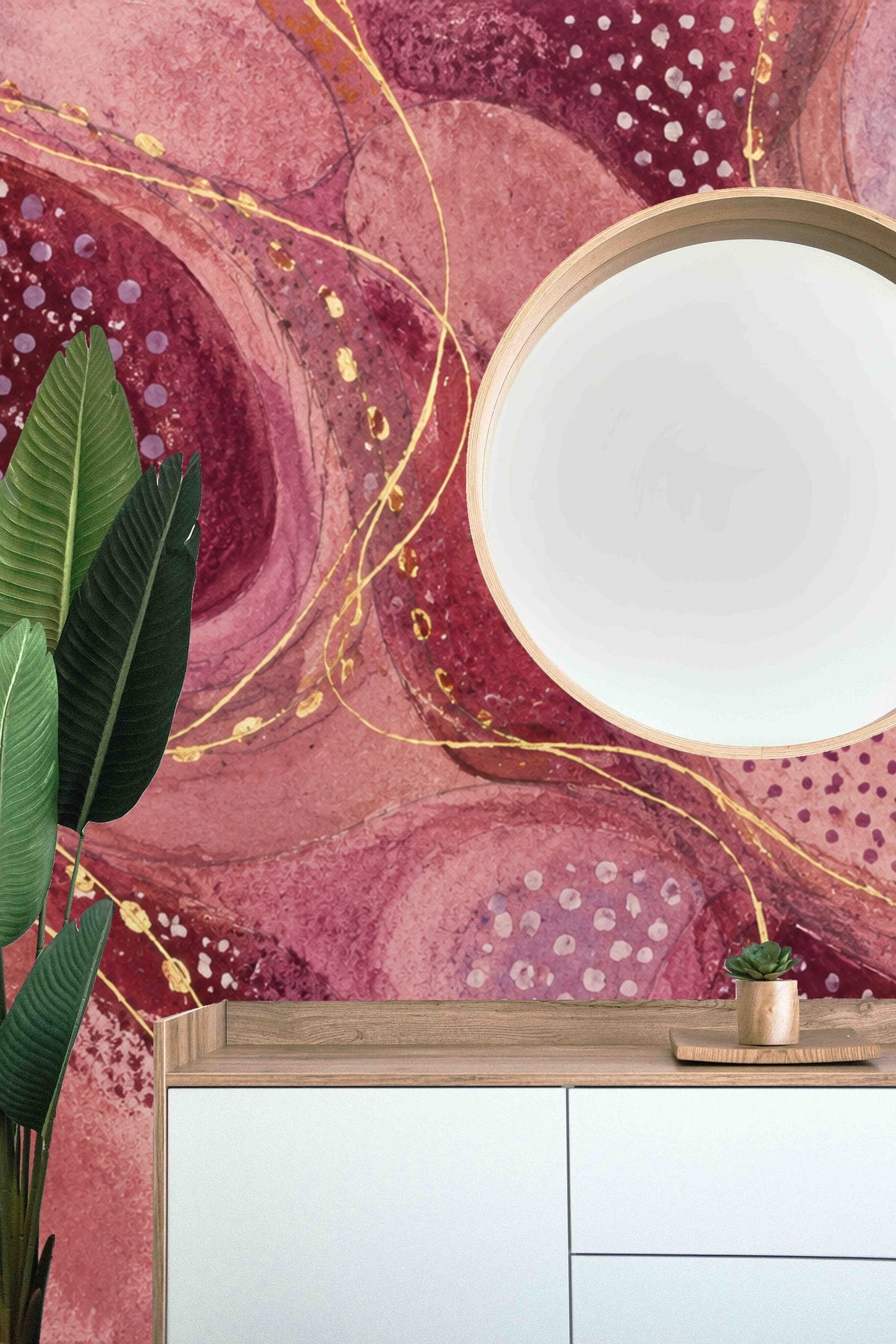 Rich textured wallpaper with maroon and violet spots and soft pink shapes