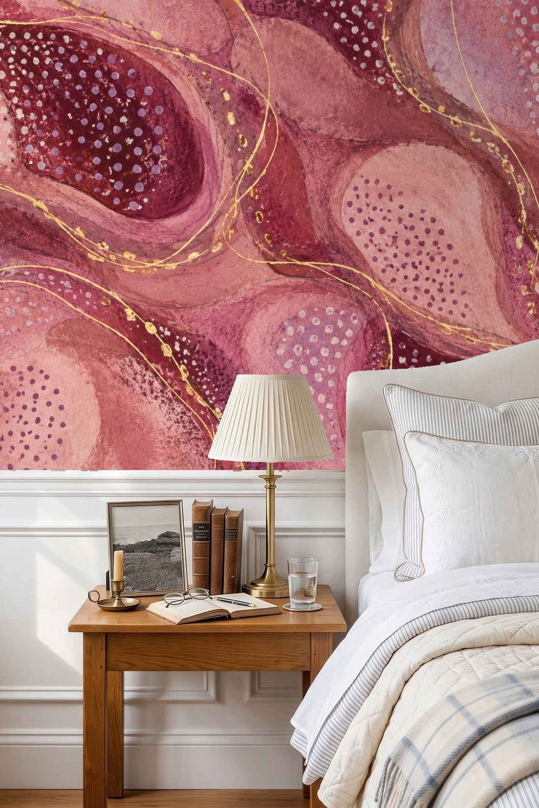 Abstract wallpaper artwork in shades of plum, berry, and pink with gold linear accents