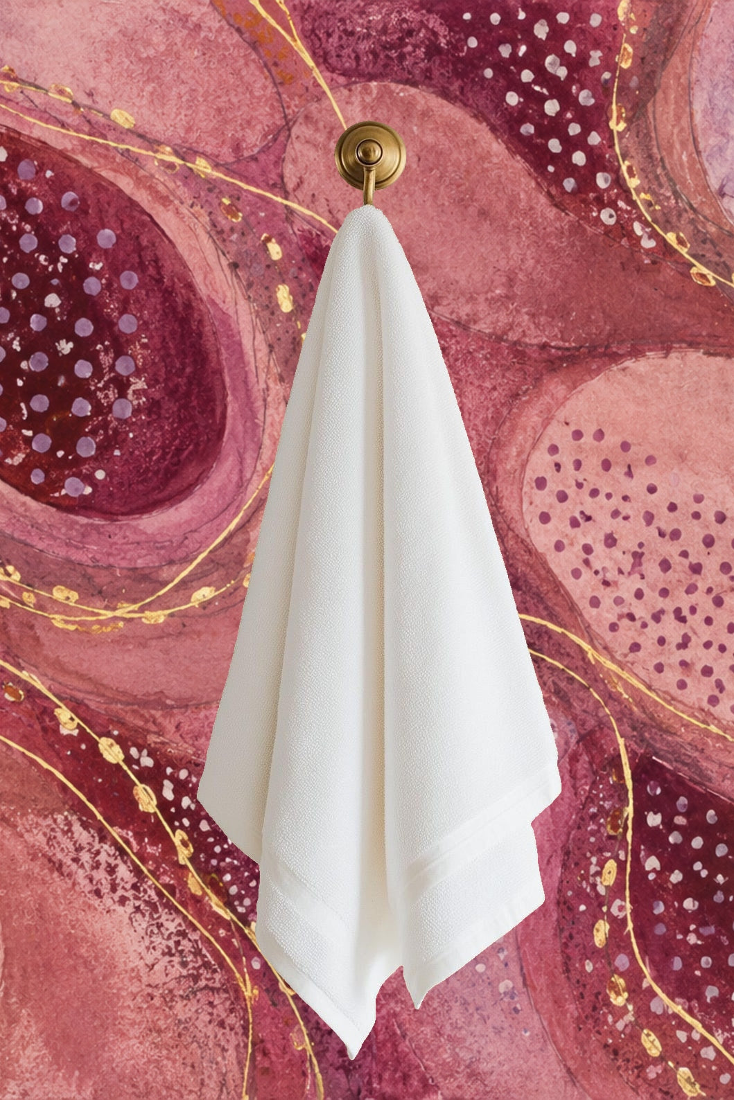 Section of wallpaper showing textured pink and berry-hued waves with golden threads