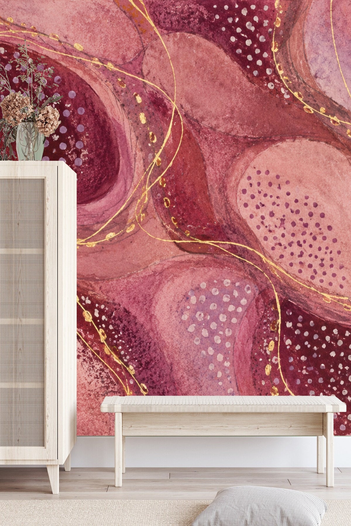 Interior scene highlighting the color contrast of plum wallpaper with white furnishings