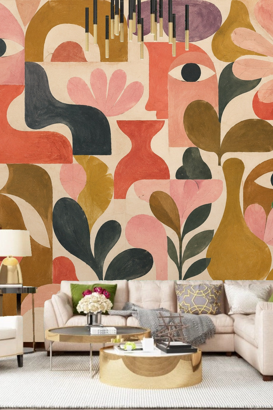 Close-up detail of abstract terracotta faces and leaves wallpaper in a children’s room setting.