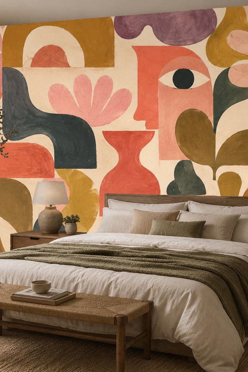 Abstracted Faces & Botanicals wallpaper shown in an interior setting