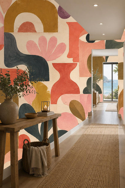 Abstracted Faces & Botanicals wallpaper shown in an interior setting
