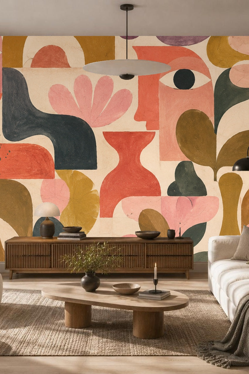 Abstracted Faces & Botanicals wallpaper shown in an interior setting