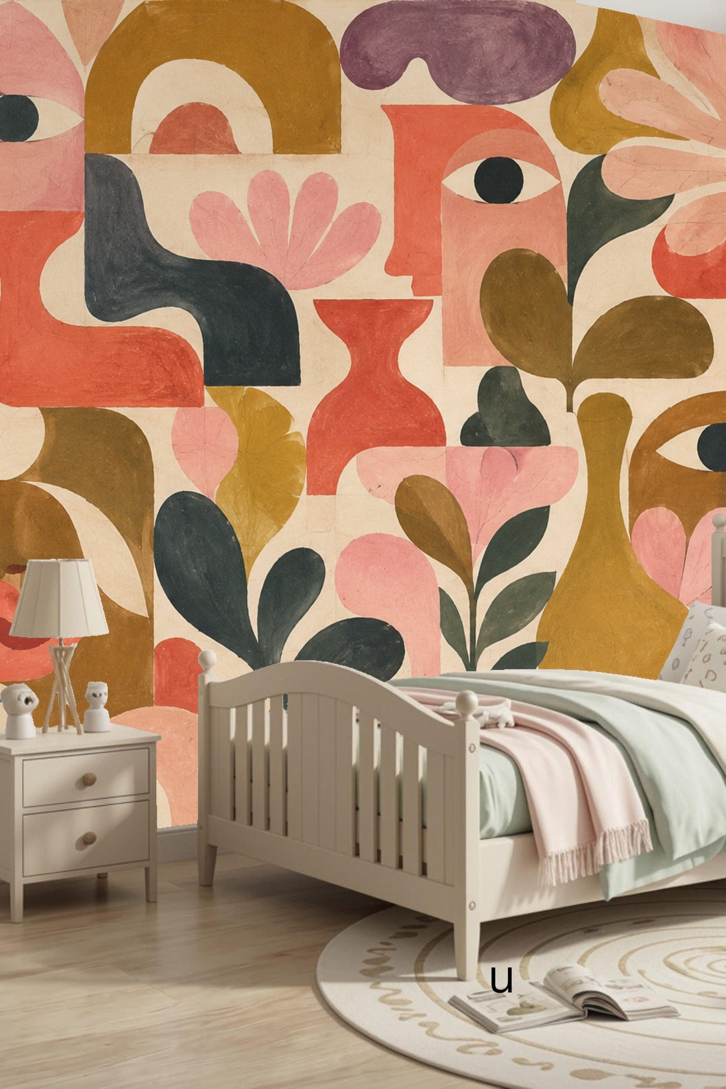 Abstracted Faces & Botanicals wallpaper shown in an interior setting