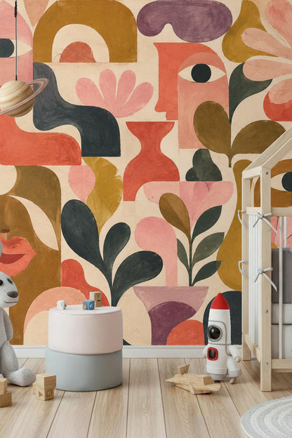 Abstracted Faces & Botanicals wallpaper shown in an interior setting