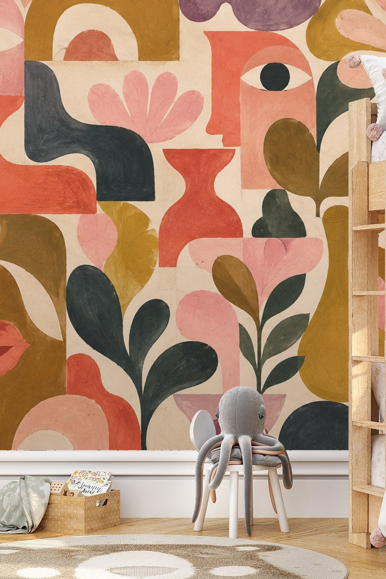 Wallpaper design with abstract faces and botanical shapes in terracotta, blush, olive, and charcoal.
