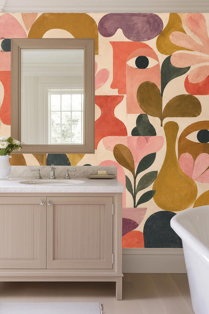 Abstracted Faces & Botanicals wallpaper shown in an interior setting