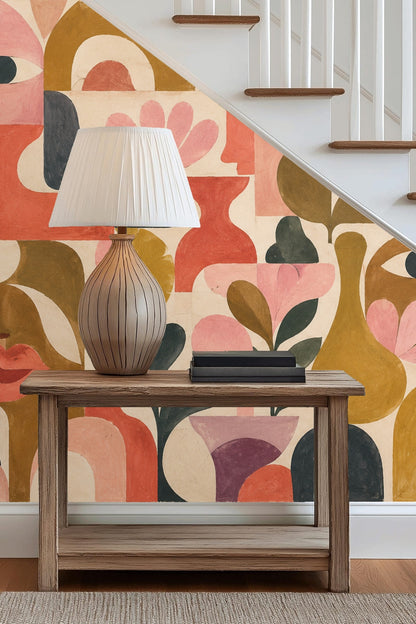 Abstracted Faces & Botanicals wallpaper shown in an interior setting