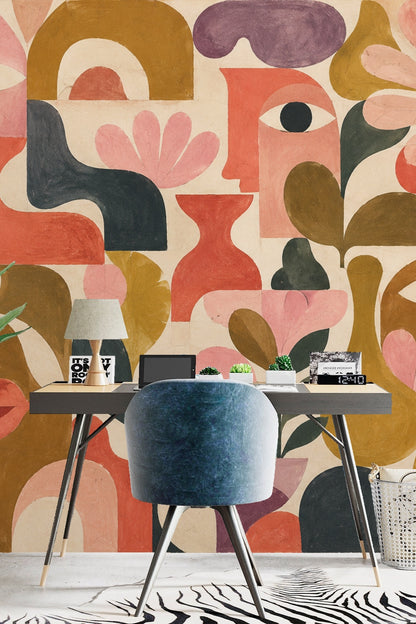Abstracted Faces & Botanicals wallpaper shown in an interior setting
