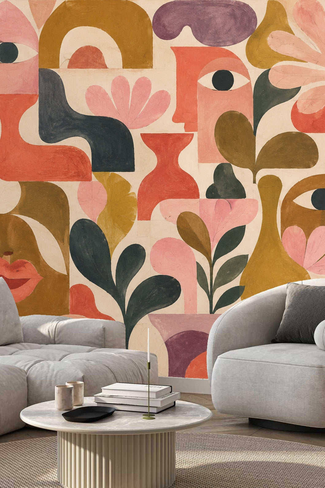 Living room with large-scale mid-century inspired abstract faces and plants wallpaper mural.