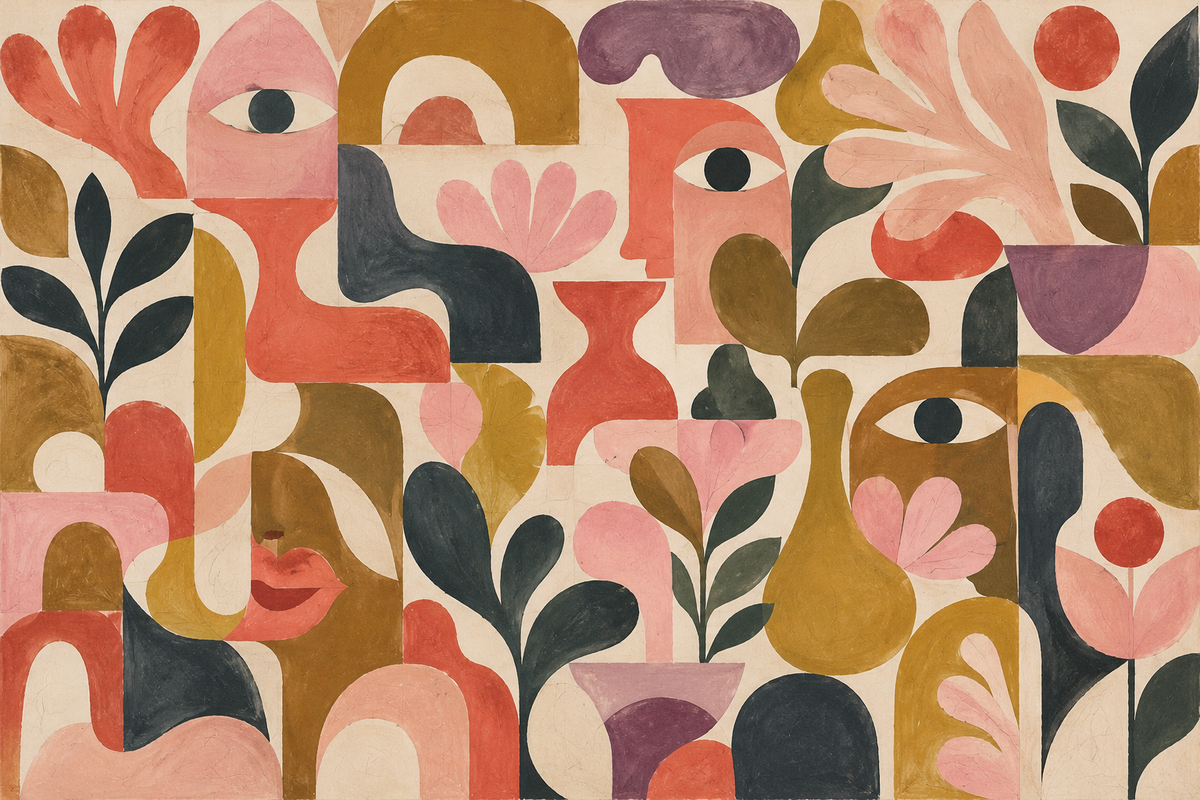 Abstracted Faces & Botanicals wallpaper shown in an interior setting