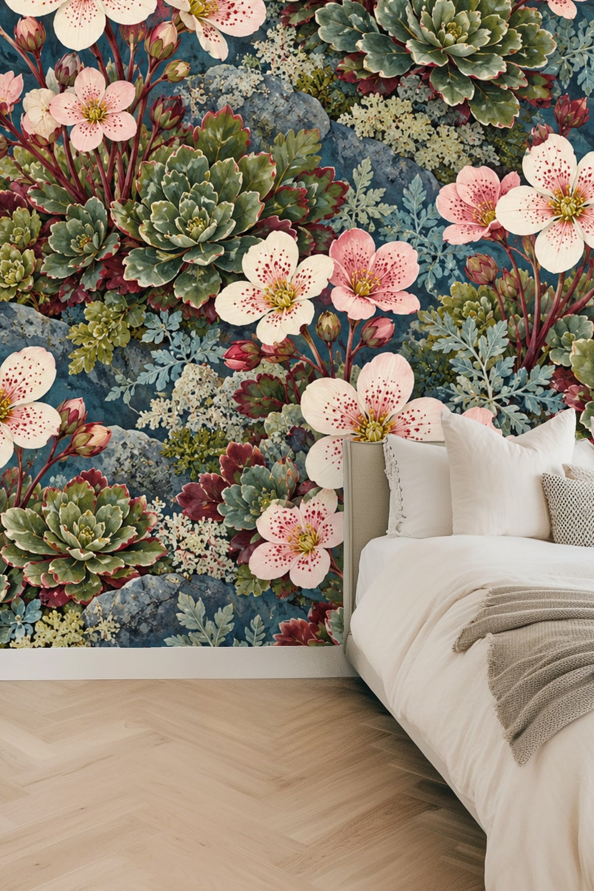 Detailed view of the delicate pink wildflowers with burgundy stems in wallpaper pattern
