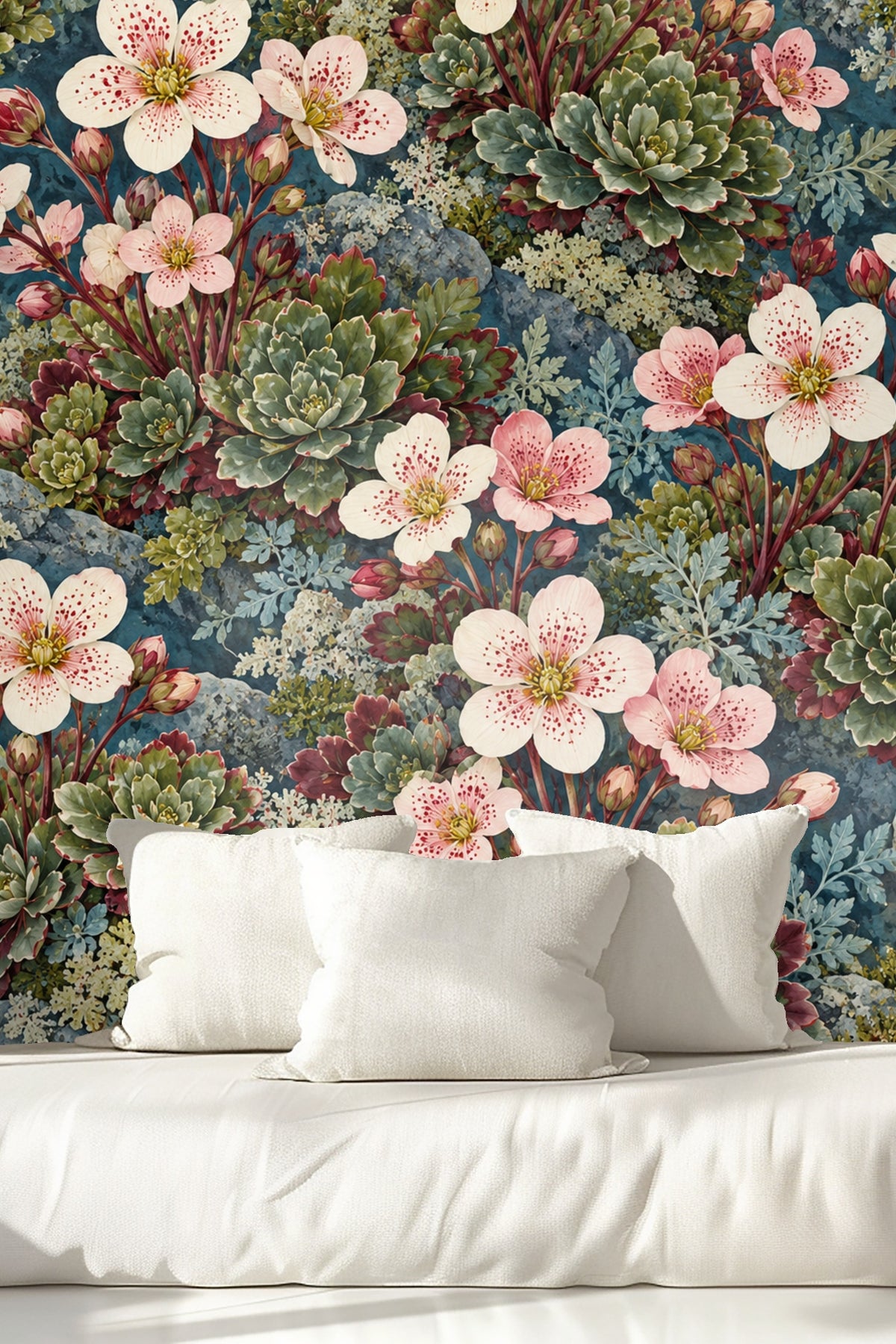 Textured blue background with leafy foliage and floral motifs in wallpaper design