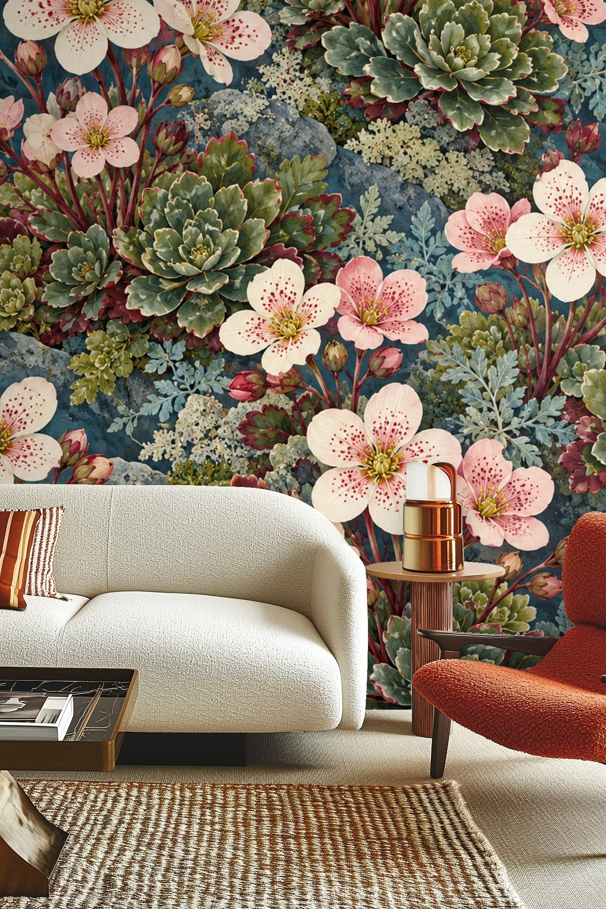 Close-up of floral wallpaper with pale speckled wildflowers and rosette succulents on blue background