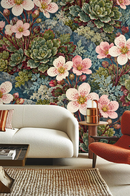 Close-up of floral wallpaper with pale speckled wildflowers and rosette succulents on blue background