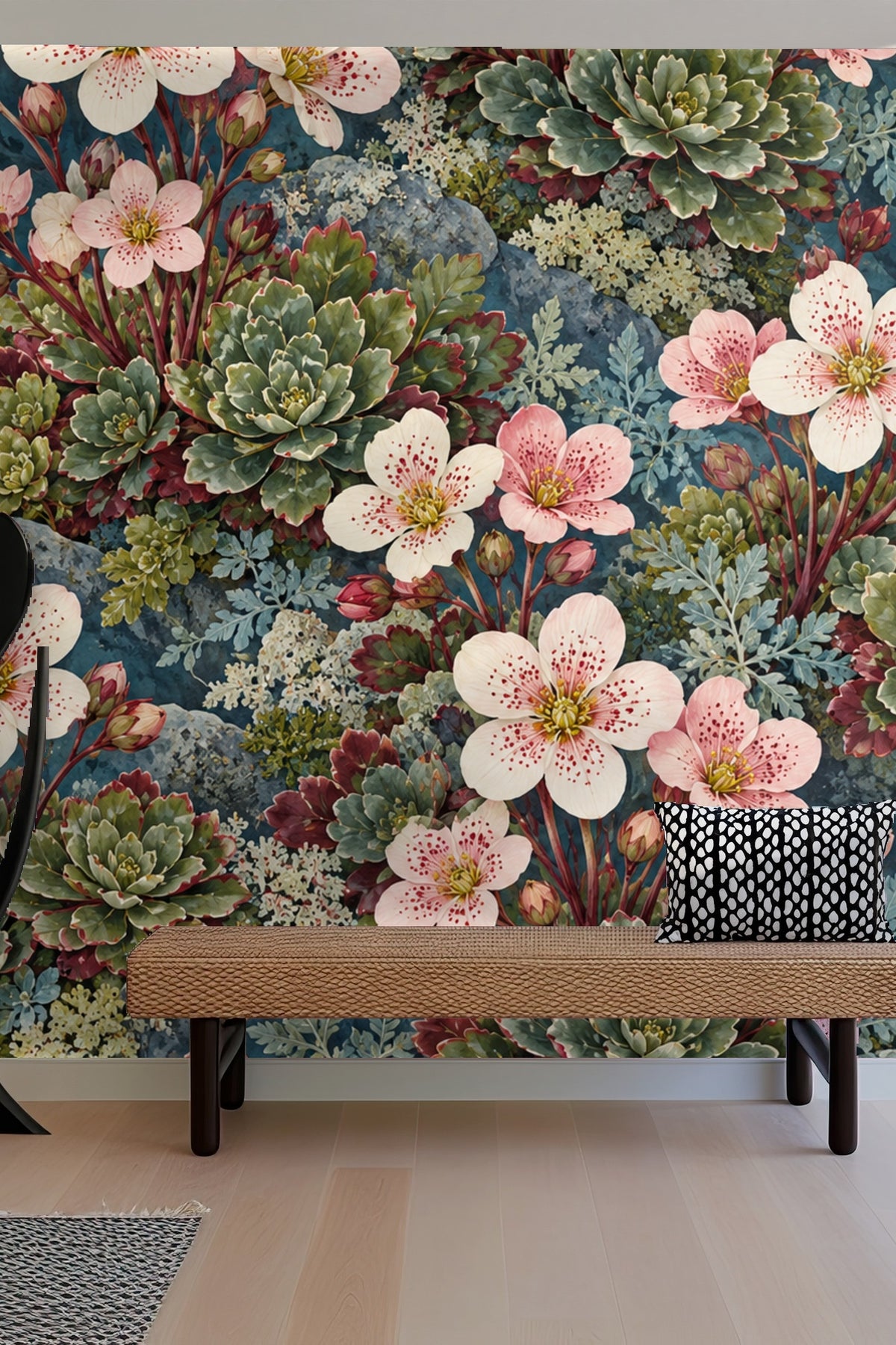 Foliage and flower detail with spattered petals on wallpaper close-up