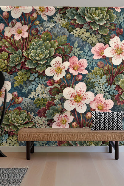 Foliage and flower detail with spattered petals on wallpaper close-up
