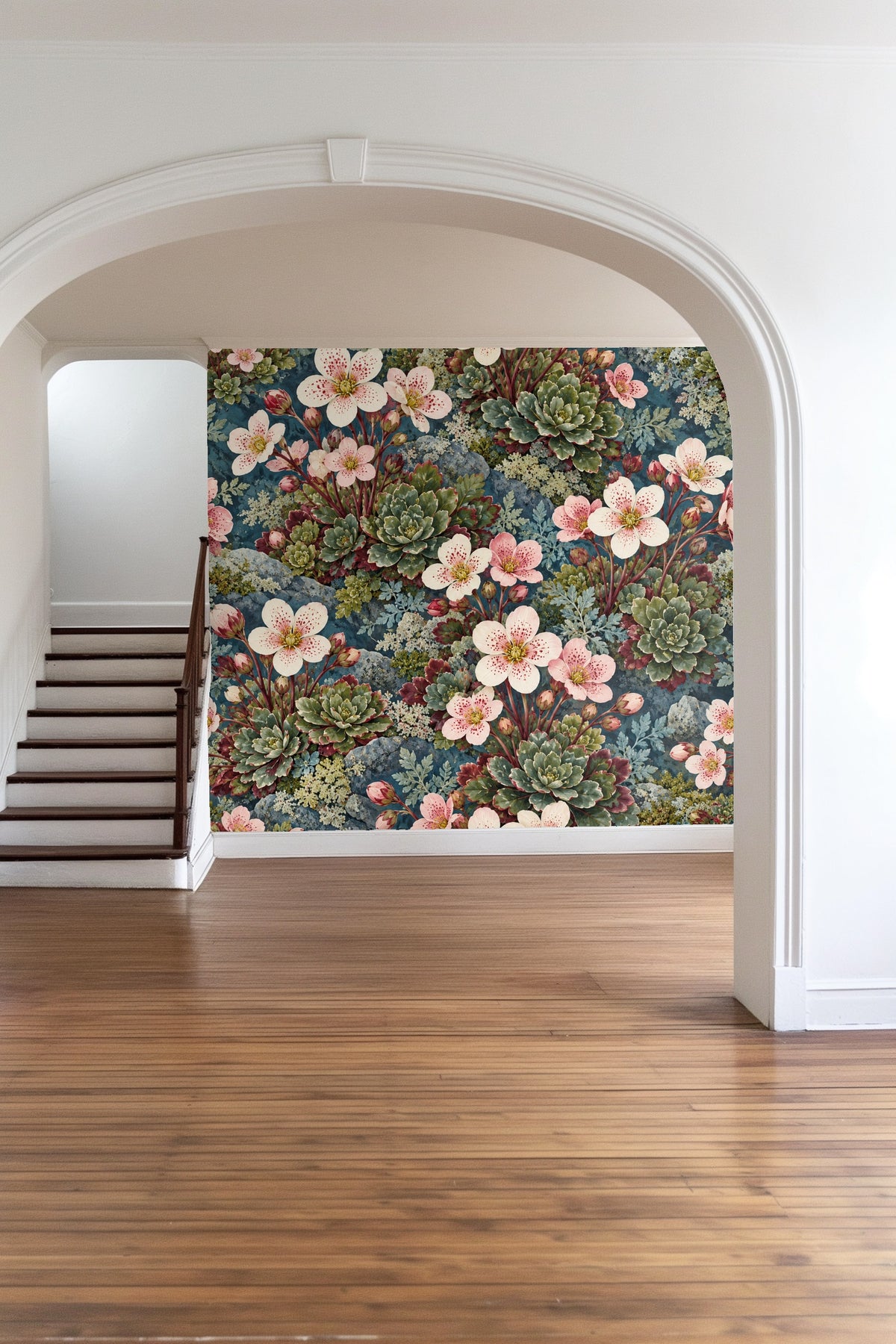Soft lighting highlighting floral wallpaper texture in bedroom setting