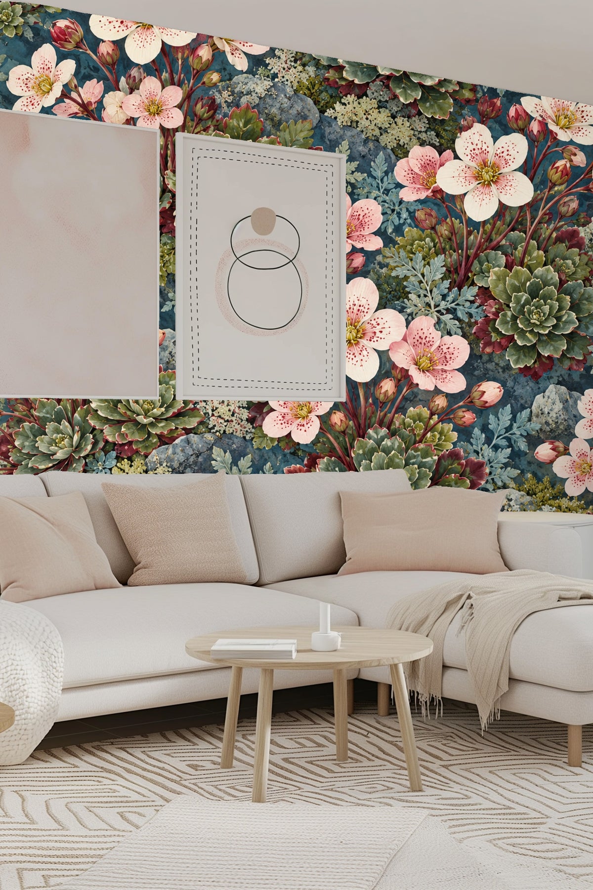 Clusters of green rosette succulents intertwined with small white and pink flowers in wallpaper