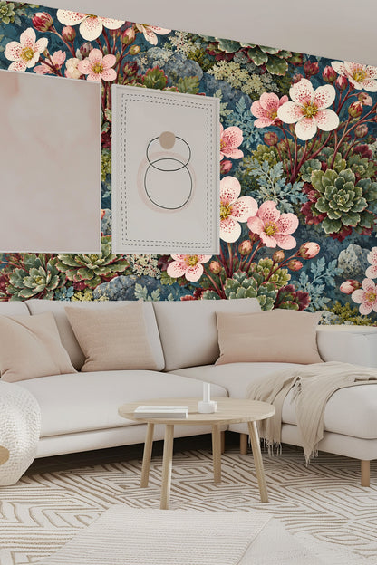 Clusters of green rosette succulents intertwined with small white and pink flowers in wallpaper