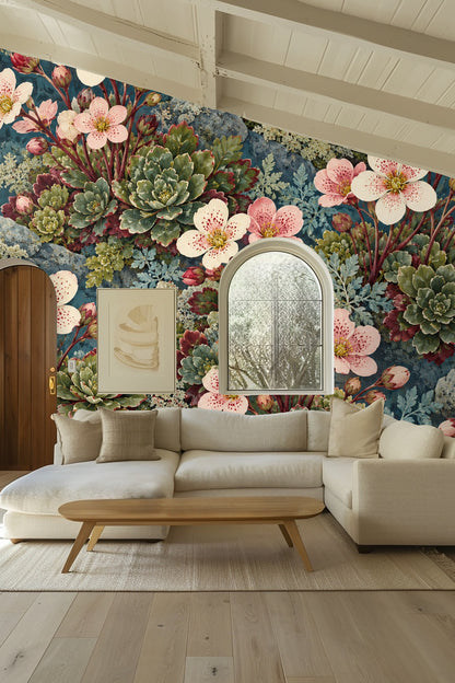 Bedroom wall decorated with floral wallpaper showcasing pink speckled blossoms and succulents behind beige bed and nightstand