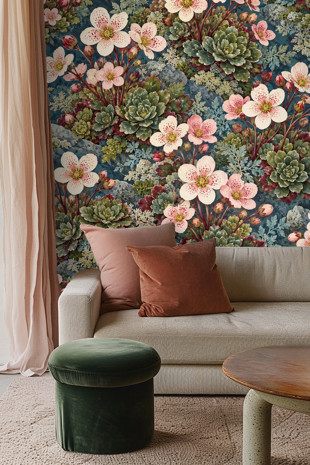 Layered leaves and blooms creating depth in floral wallpaper image