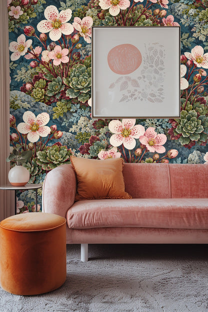 Interior corner with floral wallpaper wrapping around space