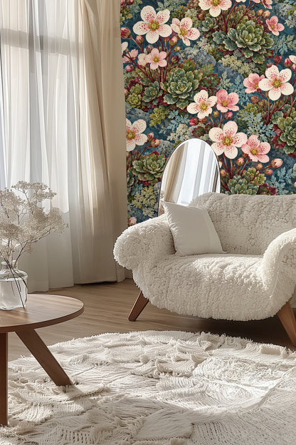 Side view of living room arrangement with pottery and art piece against floral wallpaper