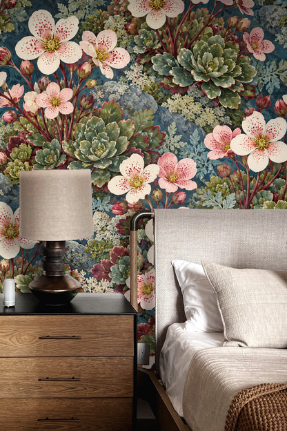 Living room wall featuring floral wallpaper with pale pink wildflowers and green succulents behind white curved sofa