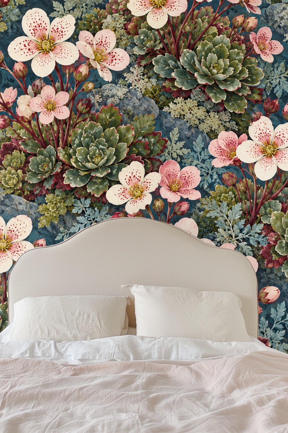Wallpaper pattern showing multiple buds and blooming flowers in soft pastel shades