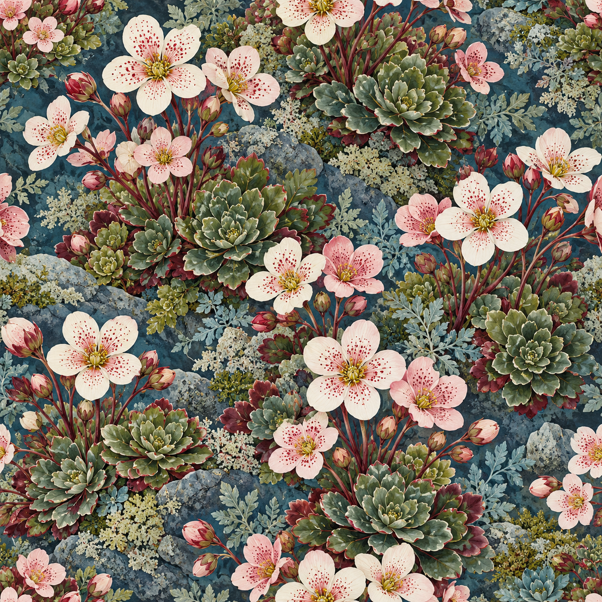 Botanical wallpaper pattern blending vintage floral and succulent elements